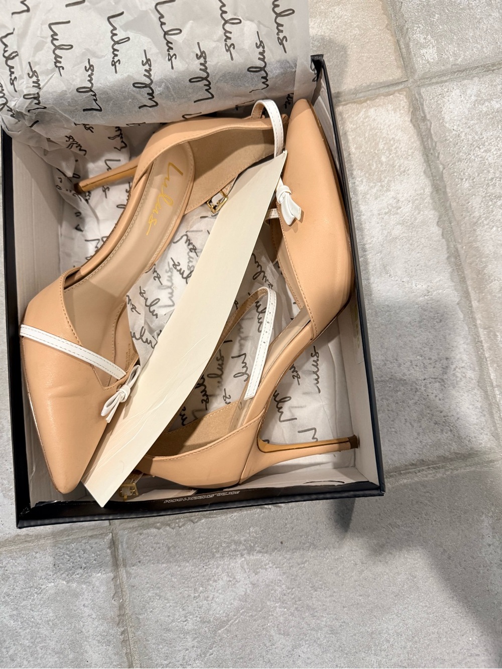 Lulu's Nude Pointed-Toe Slingback Heels with White Strap
